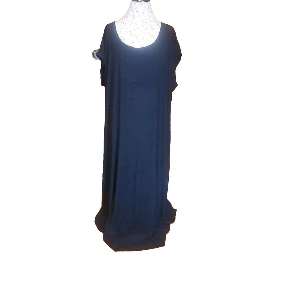 Attitudes 3XP by Renee Black Cap Sleeve Round Neck Long Maxi Stretchy Dress